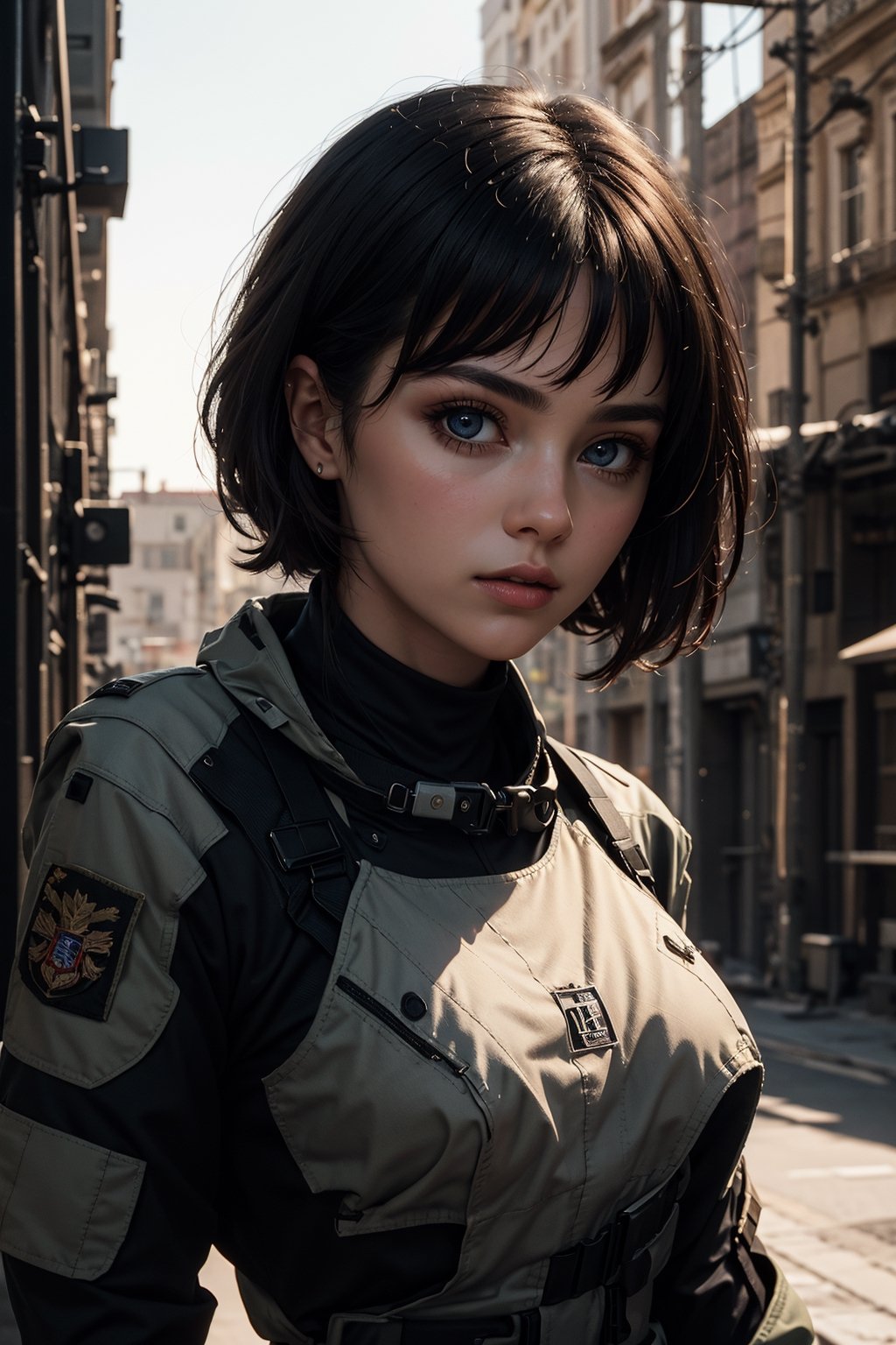 1girl, beautiful face, surrealism eyes, army tactical suit, black hair, small breast, oil, cinematic, cinematic lighting, (best quality:1.3), (masterpiece:1.3)
