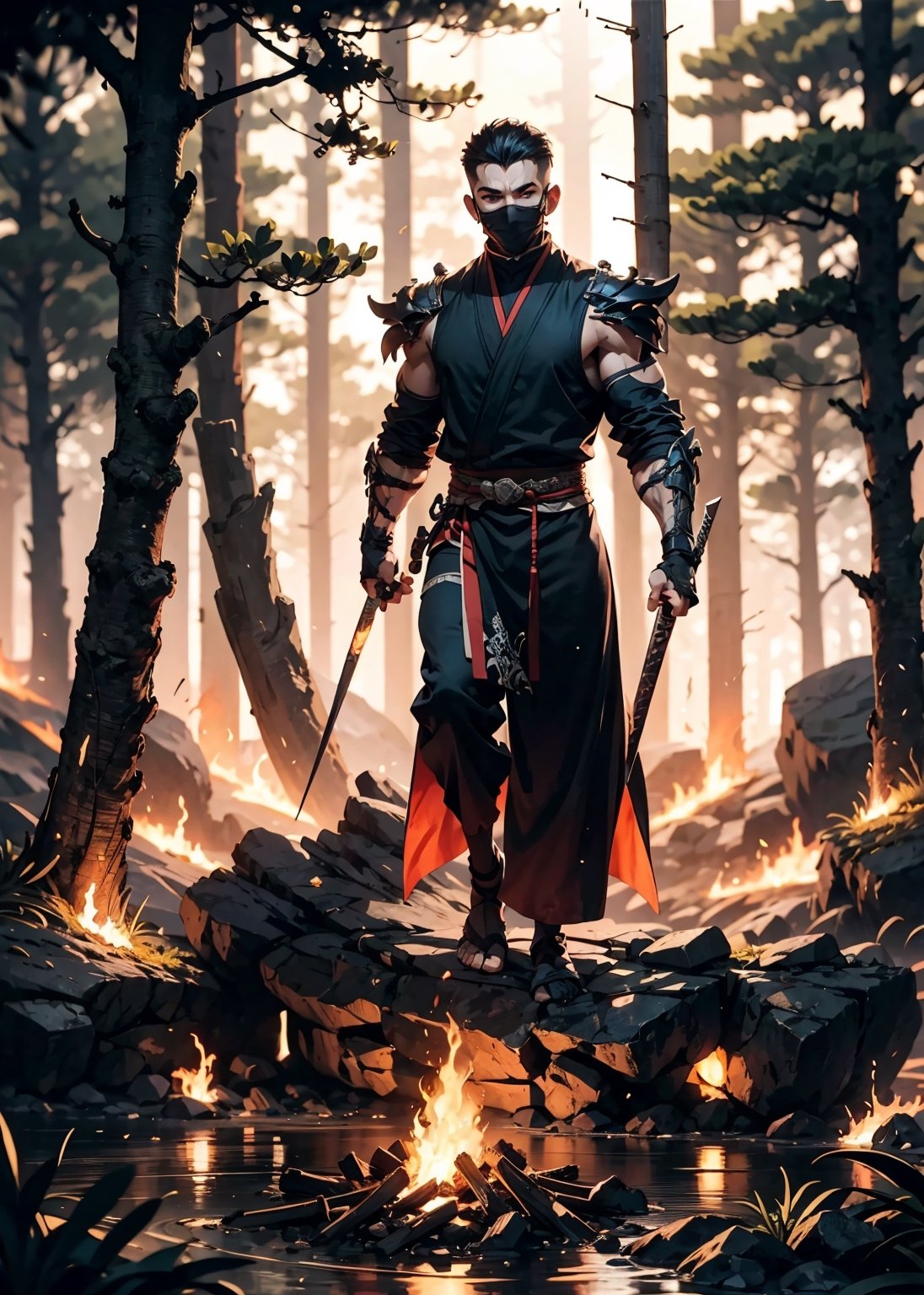 zbzr,man, ninja, black robes, loin cloth, looking at viewer, full body shot, outside, fire, flamming trees, night, extreme detail, masterpiece,  ,mkscorpion