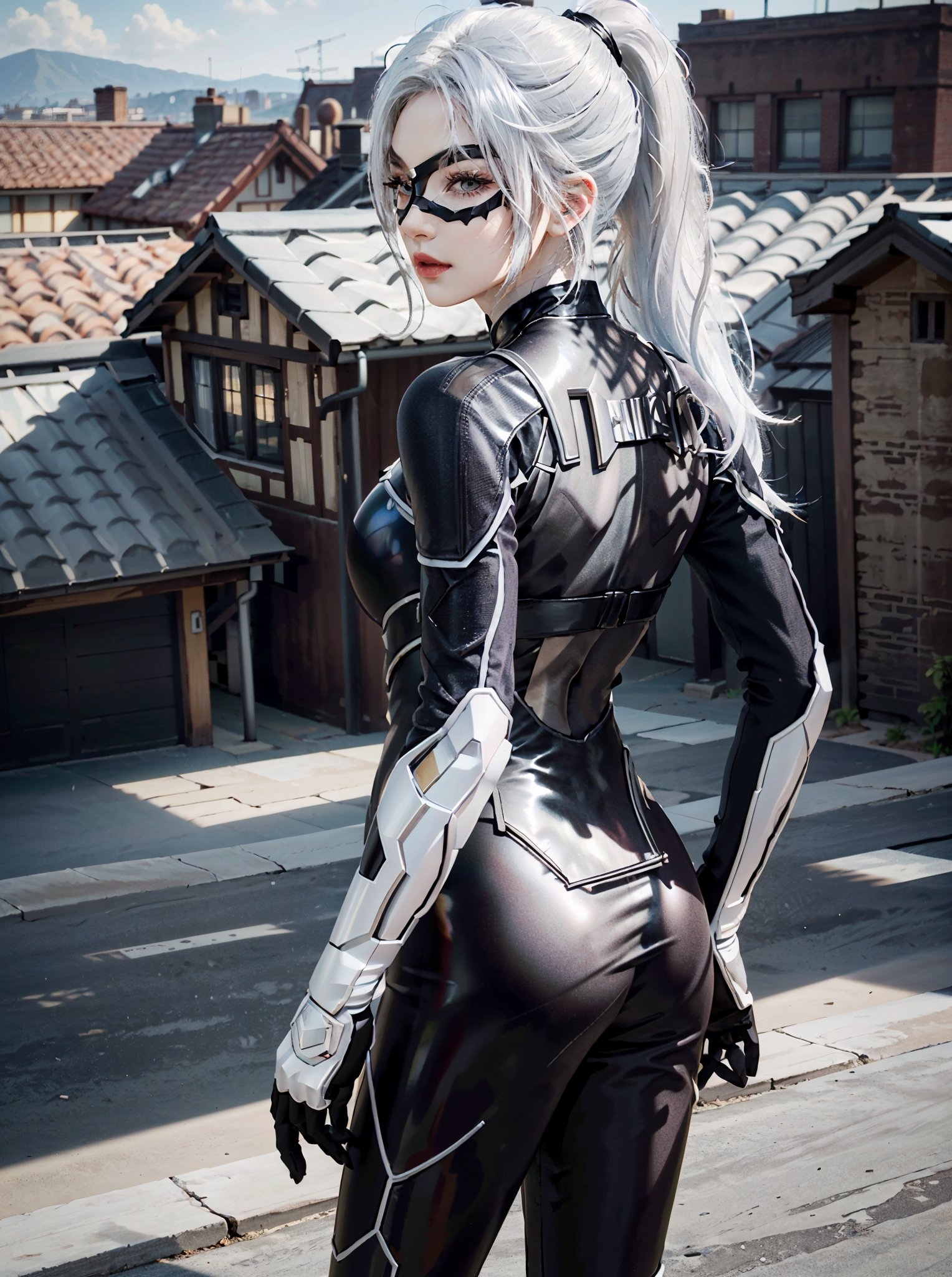 (masterpiece, best quality)      lora:MarvelBlackCat:0.8,MarvelBlackCat, 1girl, solo, long hair, white hair, mask, ponytail, seductive, from behind, looking back, on top of houses, ultra realistic, concept art, intricate details, highly detailed, photorealistic, oct