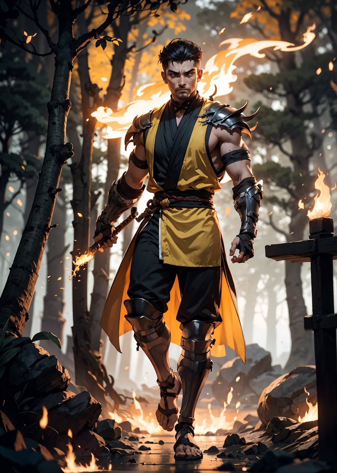 zbzr,man, ninja, yellow robes, loin cloth, looking at viewer, full body shot, outside, fire, flamming trees, night, extreme detail, masterpiece,  ,mkscorpion