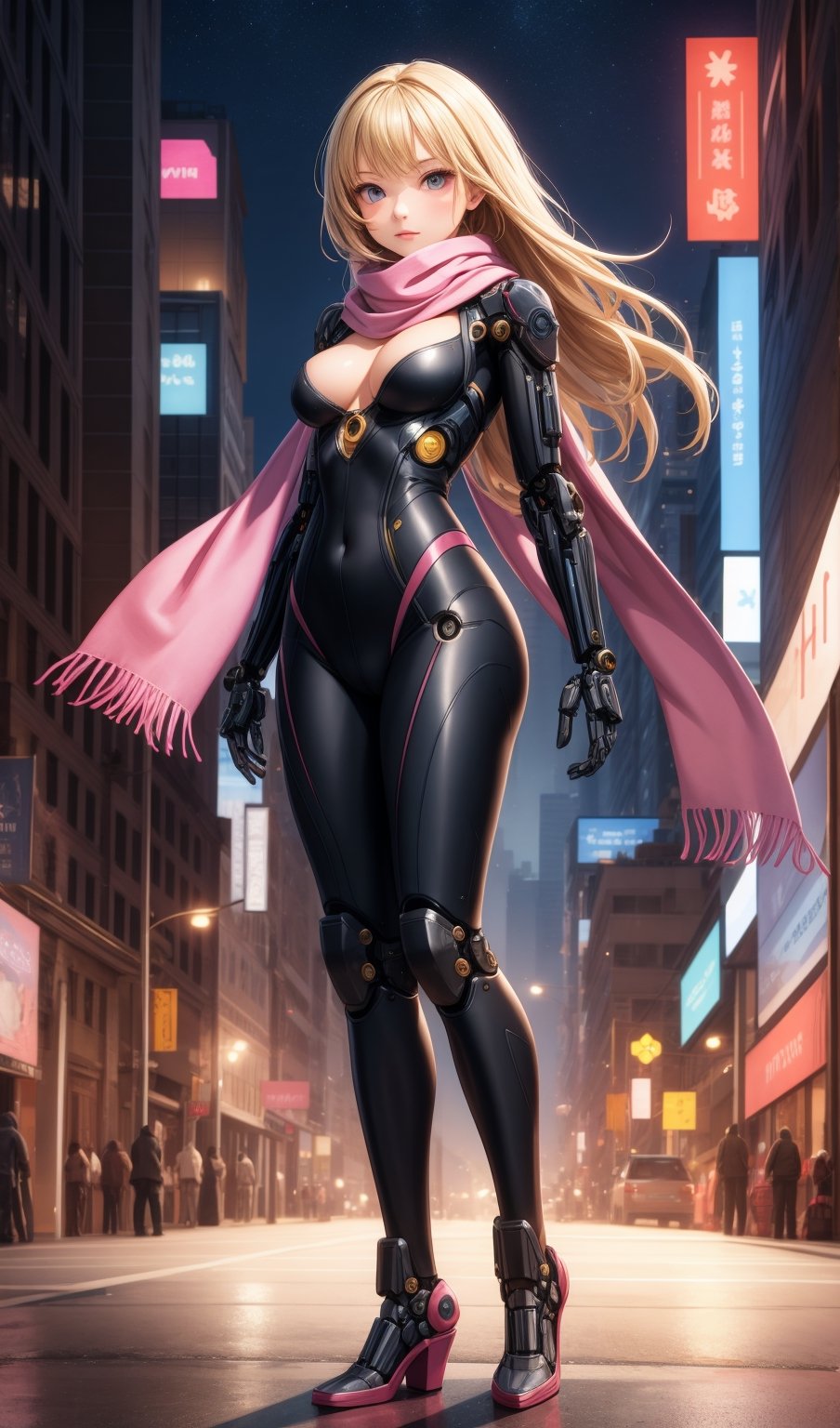 (masterpiece, best quality), intricate details, 1girl, bodysuit, full body , long hair, blonde hair, mechanical arms, medium breasts, pink scarf, science fiction, solo, standing, city background
