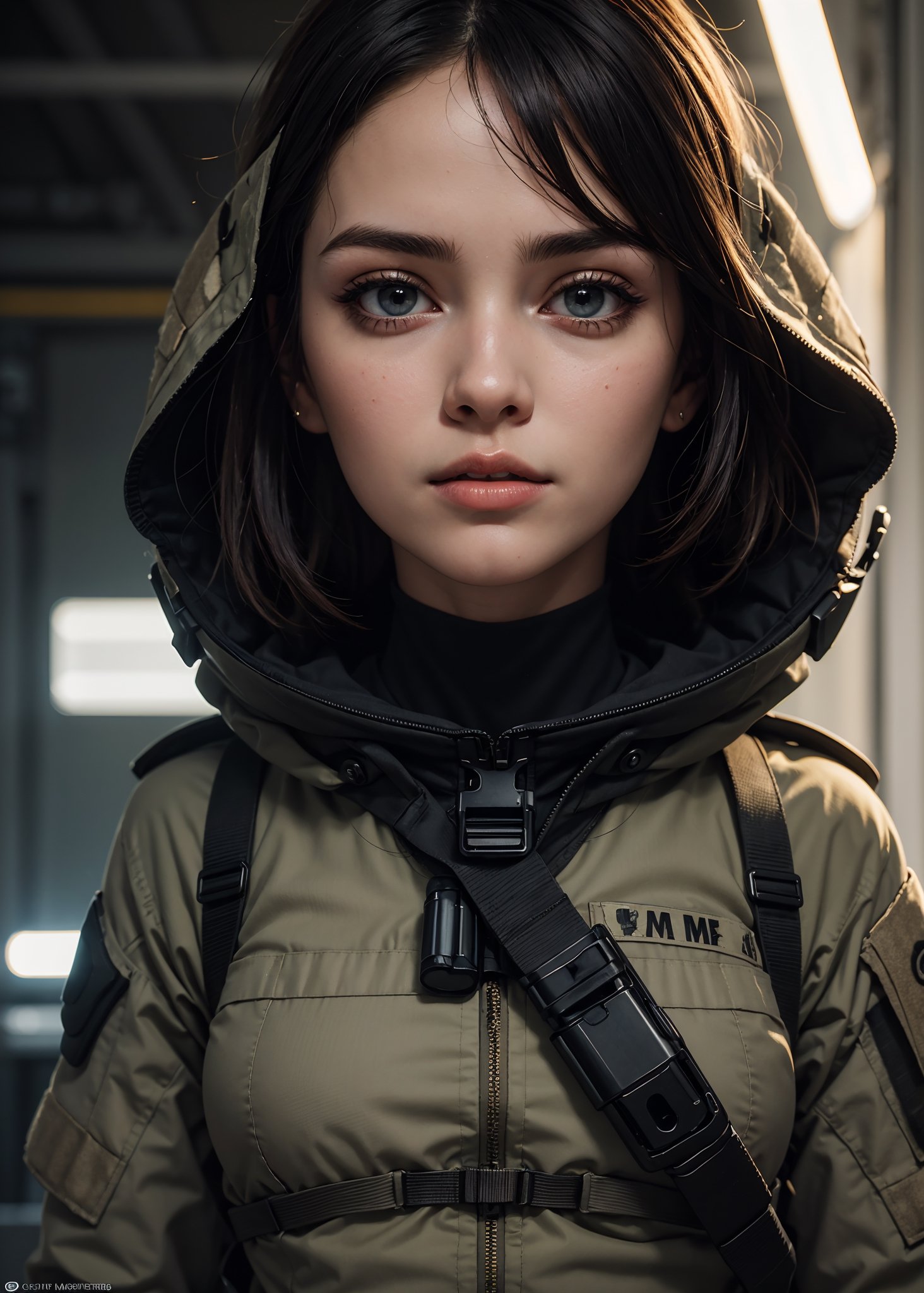 1girl, beautiful face, surrealism eyes, army tactical suit, black hair, small breast, oil, cinematic, cinematic lighting, (best quality:1.3), (masterpiece:1.3)
