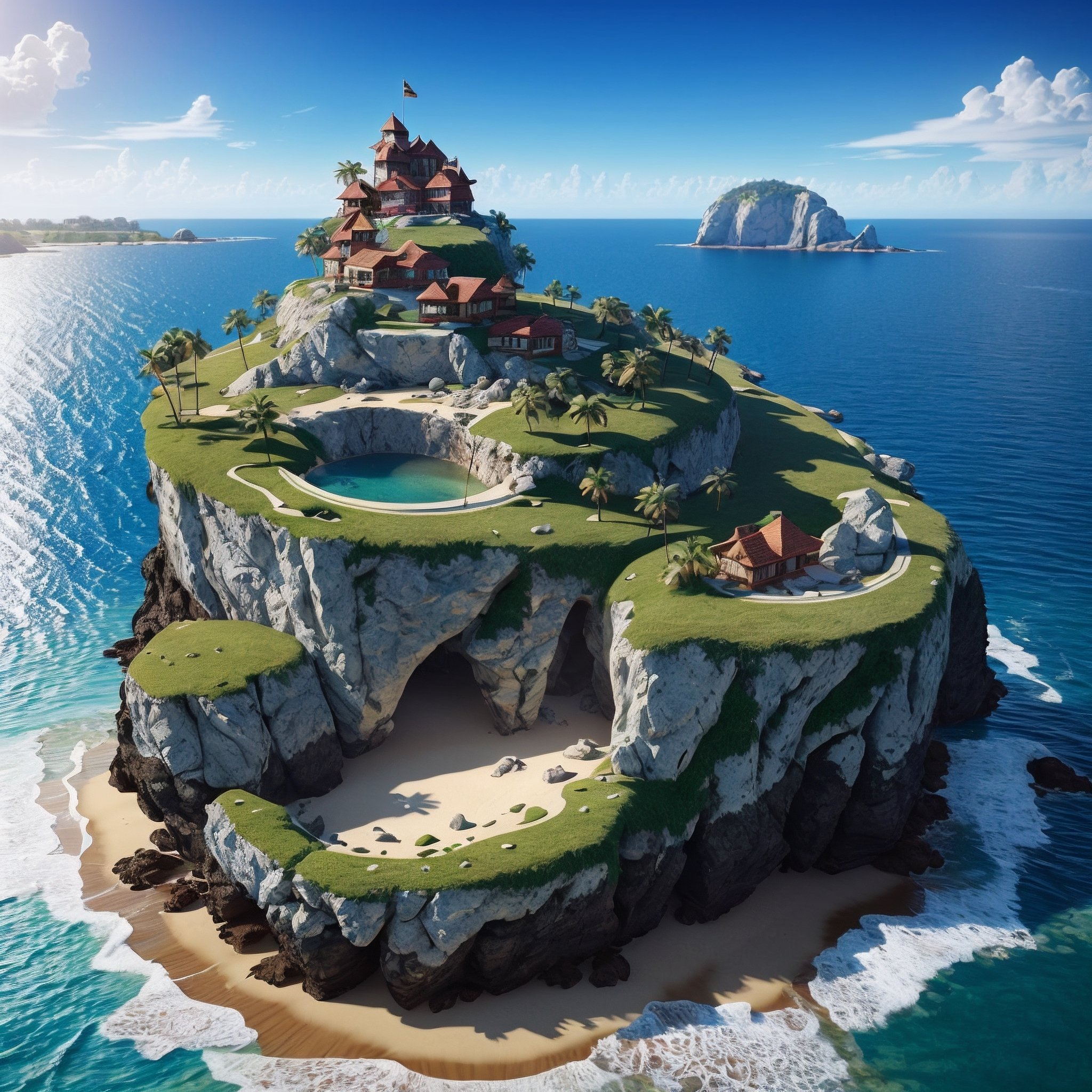 "island inside of a treasure, 3d render, unreal engine, ultradetailed, trending on artstation, devianart, cgsociety, concept art"
