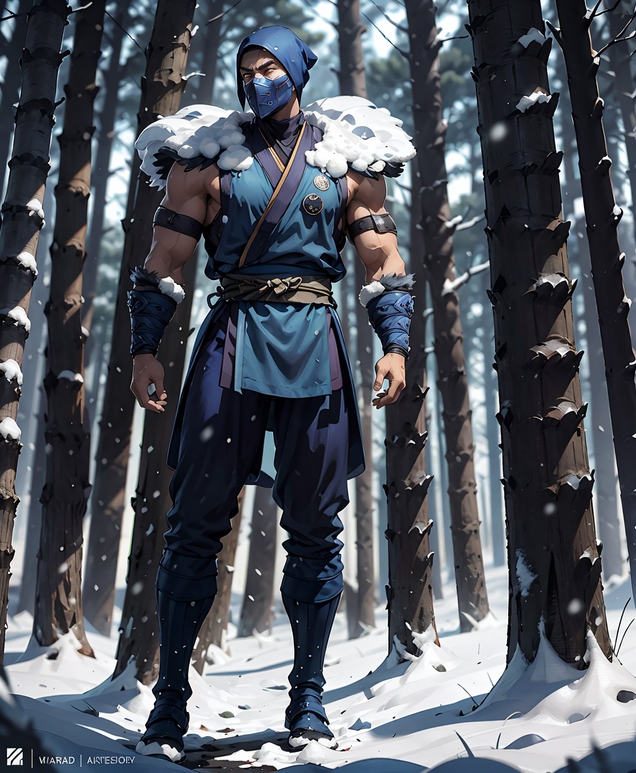 zbzr,man, ninja, blue robes, loin cloth, looking at viewer, full body shot, outside, snow, snowing, trees, night, extreme detail, masterpiece,  