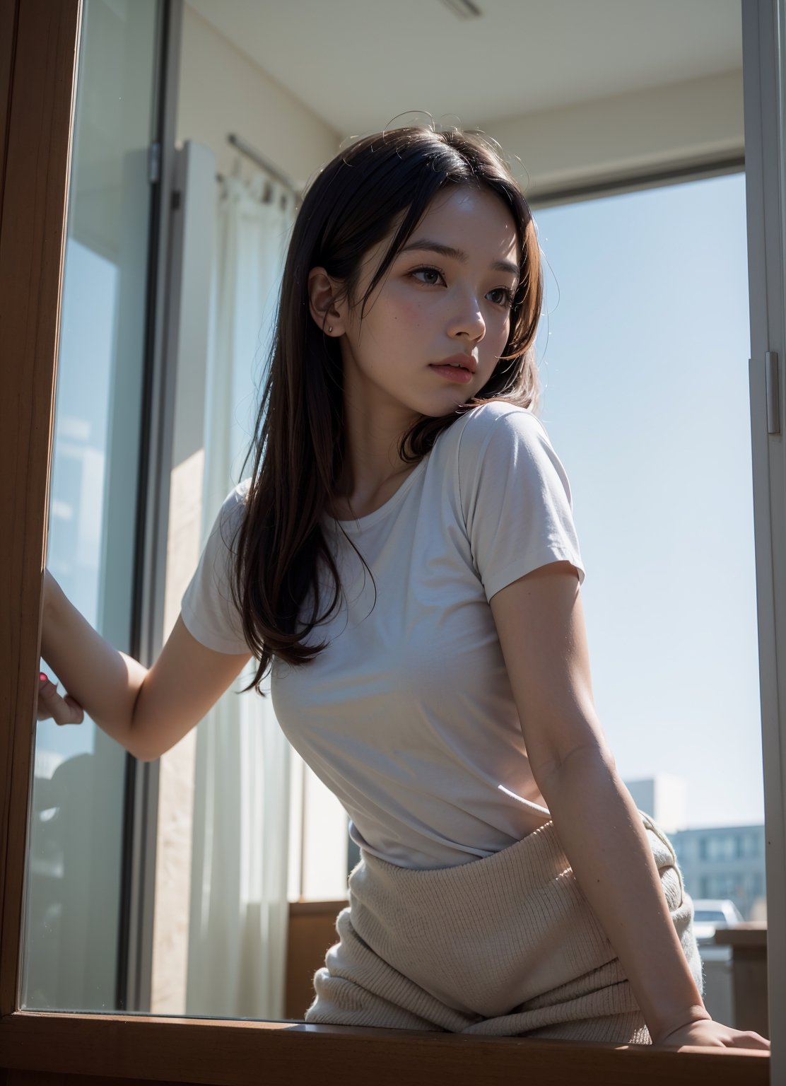 (((1girl from outside window, standing, leaning forward))), lora:from_outside_window:1, looking at viewer,
 ,Perfectly glossy skin, ,25 yo mature girl, picture of a vivid, (masterpiece:1.2),(extremely detailed),(8k:1.1),(perfect lighting,best quality,highres,original),(realistic photography:1.4),(tall image:1.5), ,high detailed skin,shaded face, soft lighting, (small face),RAW, ultra highres, pores visible, ,from outside window