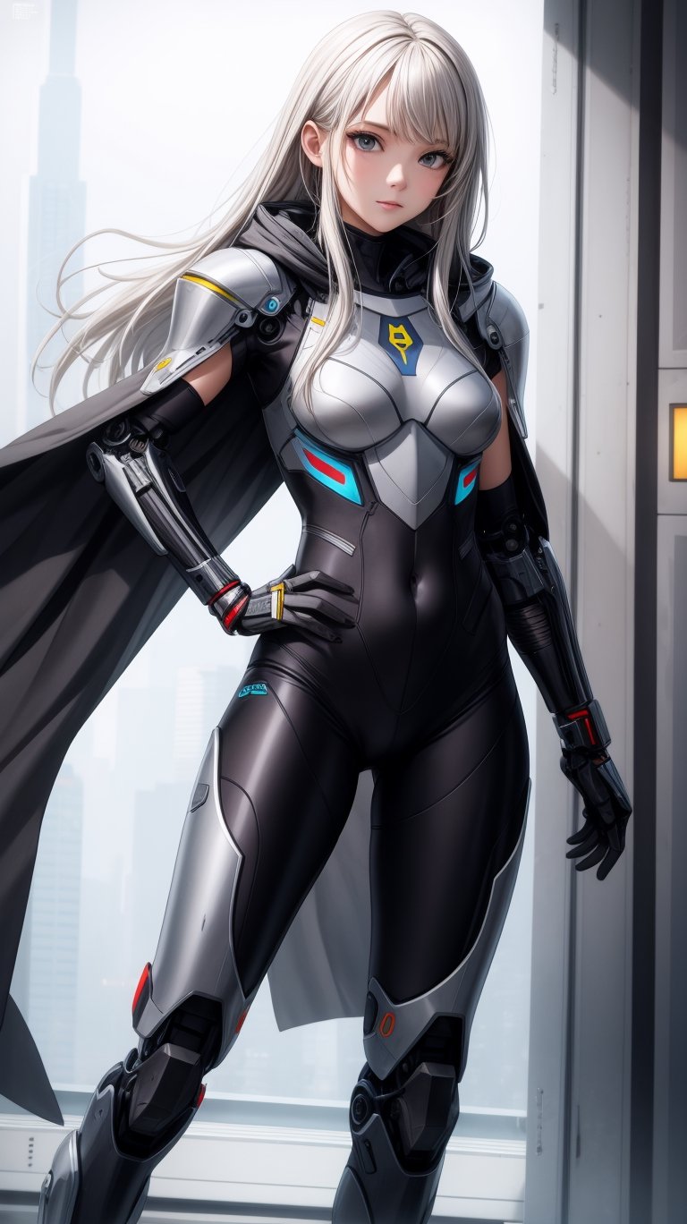 (masterpiece, best quality), 1girl, BREAK android, (grey cybersuit), (black upper armor), mechanical arms, machinery, prosthesis, solo, silver hair, long hair, cloak, BREAK looking at viewer, hand on hip,
