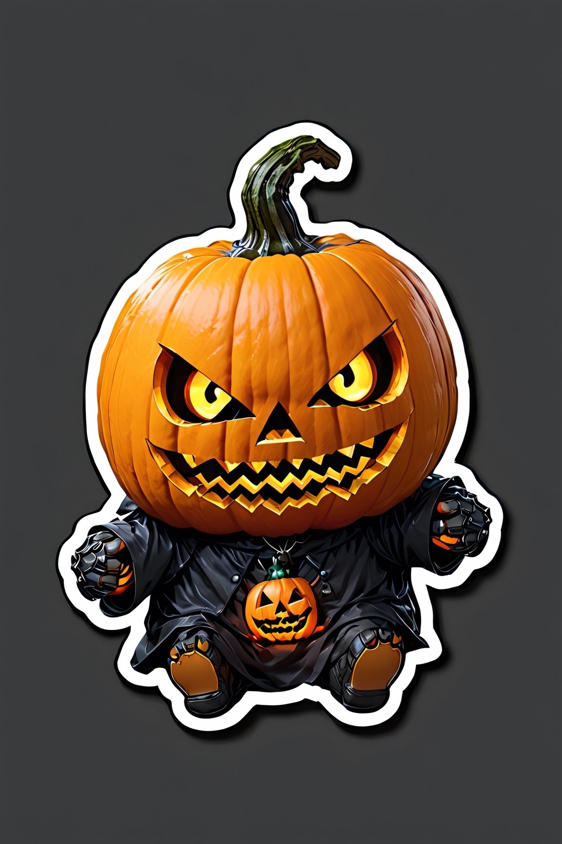 sticker, centered, ((solo)), digital art, 'Halloween', Jack-o'-lantern, | cute Jack-o'-lantern pumpkin head, chibi, orange, neon lights, | (white background: 1.2), simple background,