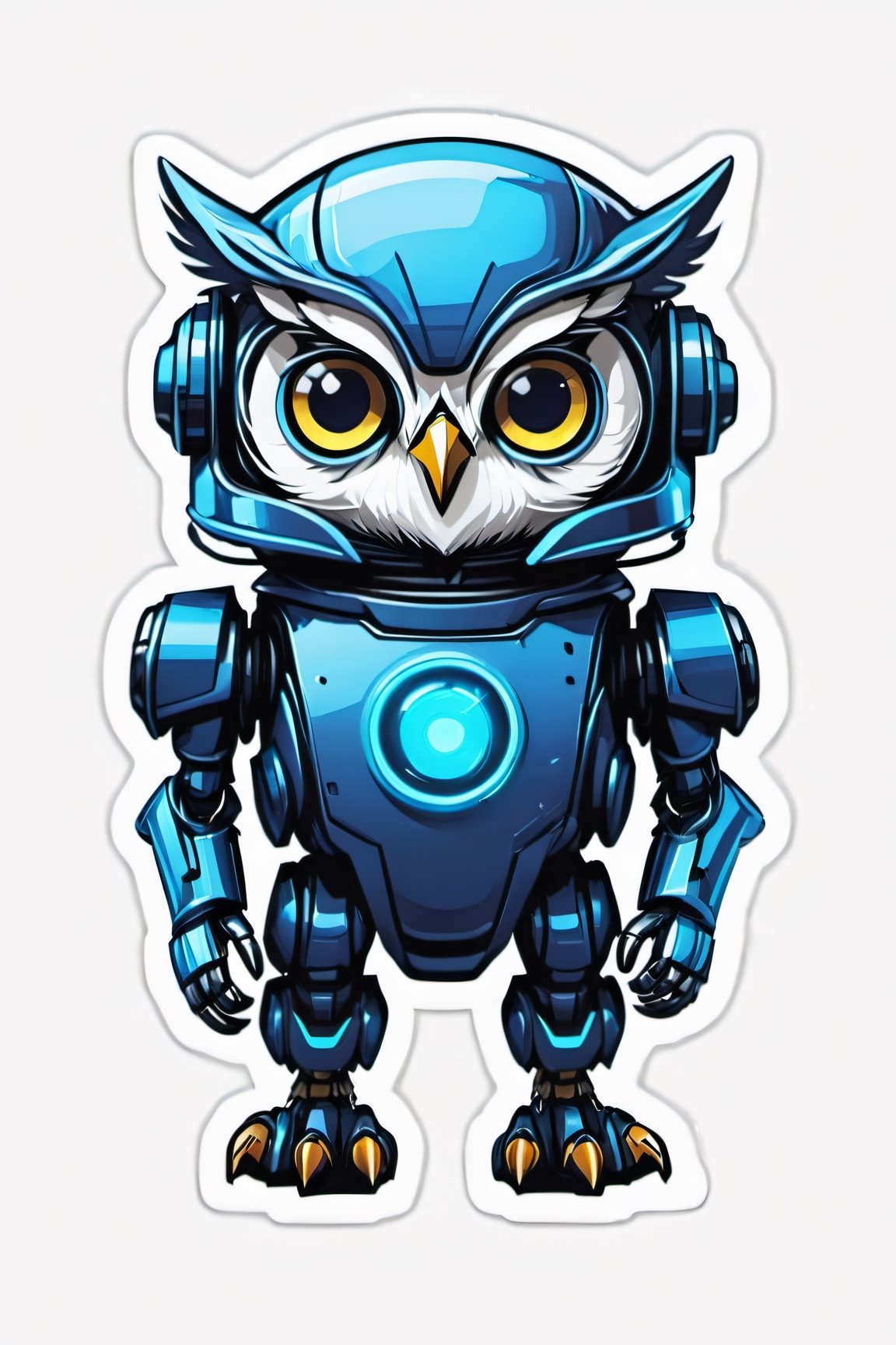 sticker,centered, ((solo)), digital art, full body, | cute of robot wearing owl helmet, chibi, black and blue sky futuristic, neon lights, | (white background:1.2), simple background, 'Halloween'