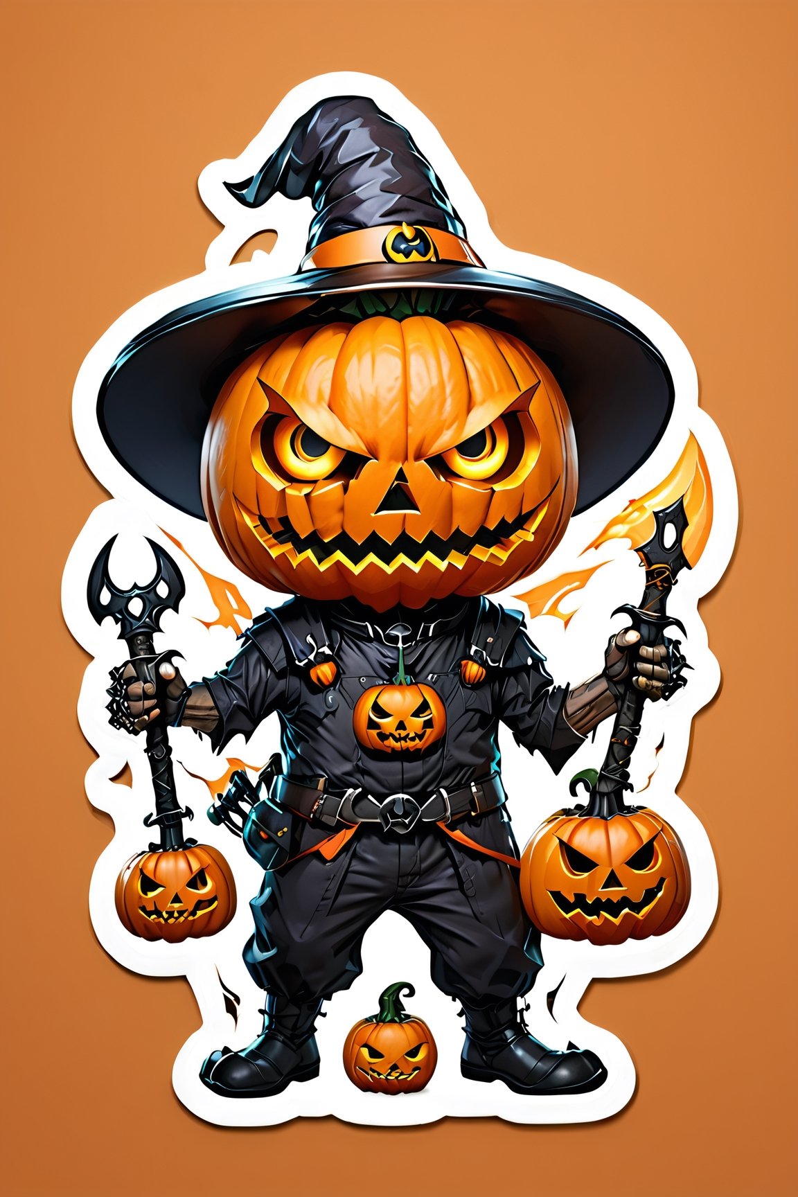 sticker, centered, ((solo)), digital art, 'Halloween', cute Jack-o'-lantern pumpkin head, chibi, orange, neon lights, | (white background: 1.2), simple background, Halloween theme, angry pumkpin man with small evil pumpkins with big knife with glowing eyes, spooky details and feeling, very detailed, best quality,HellAI,Monster,photo r3al