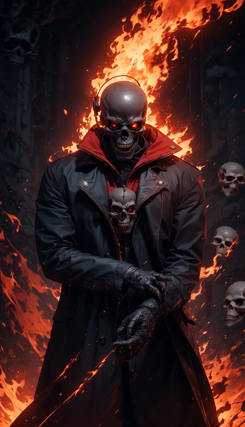 (Masterpiece, best quality, ultra-detail, best shadows, Unreal Engine 5), (detailed background), one person, ((evil skull head with sharp teeth)), black polo with three buttons, 'upper body, of close', ((red clothing, often in the form of a long two-tailed coat)), open coat, black fingerless gloves, black military-style boots, fire, rocks, ruins, red eyes, shining eyes, (( use headset music)), rain-fire, fire all around, explosion background, SAM YANG, 3DMM, EpicSky