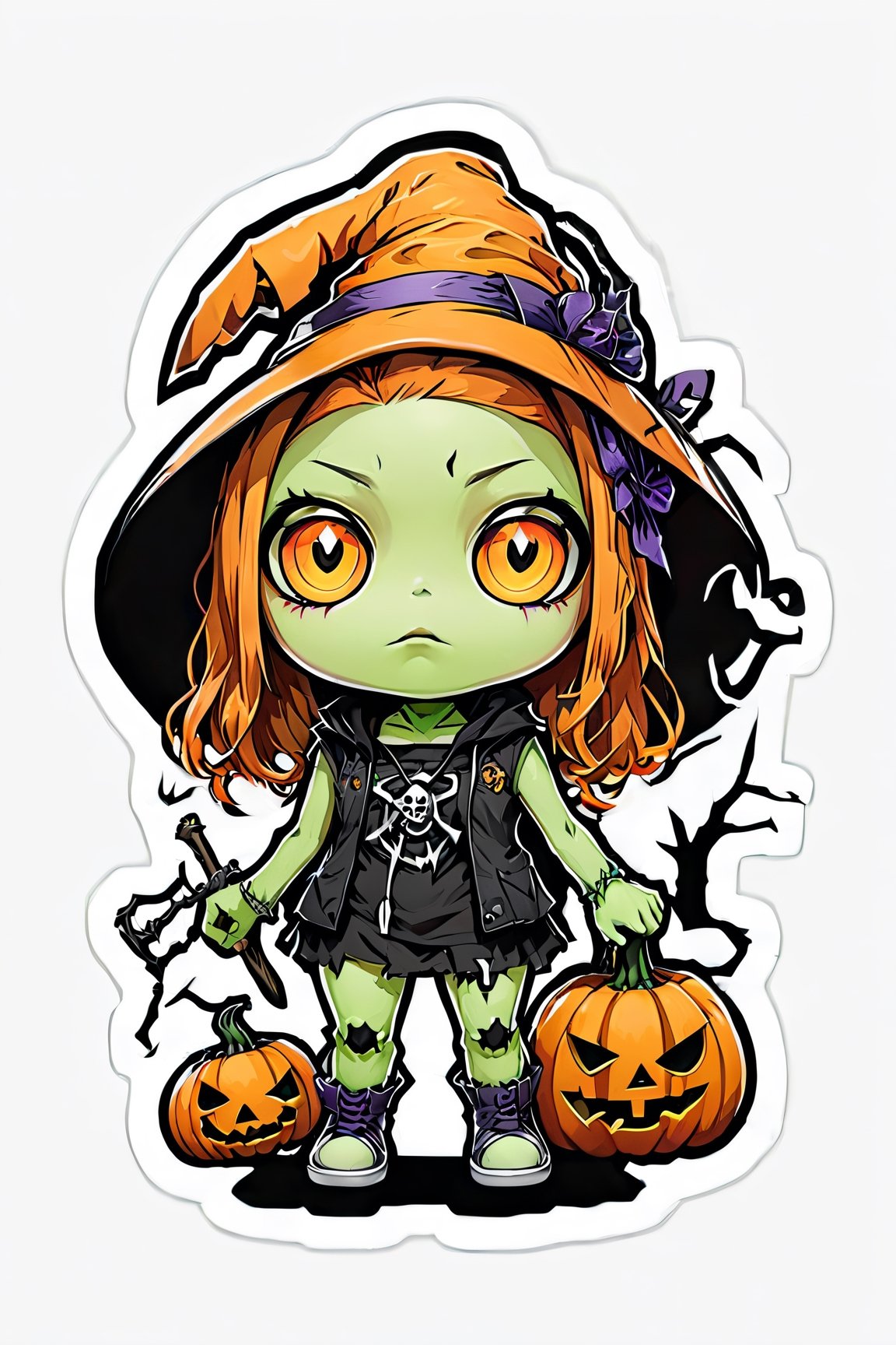 sticker, centered, ((solo)), digital art, 'Halloween', chibi, orange, neon lights, | (white background: 1.2), simple background, Halloween theme, 2D, monster, creepy,,  (style of Skottie Young:1.3) 
(masterpiece,best quality:1.5),
Grunge clothing, Meadow,autumn, Mayuri (Steins;Gate)