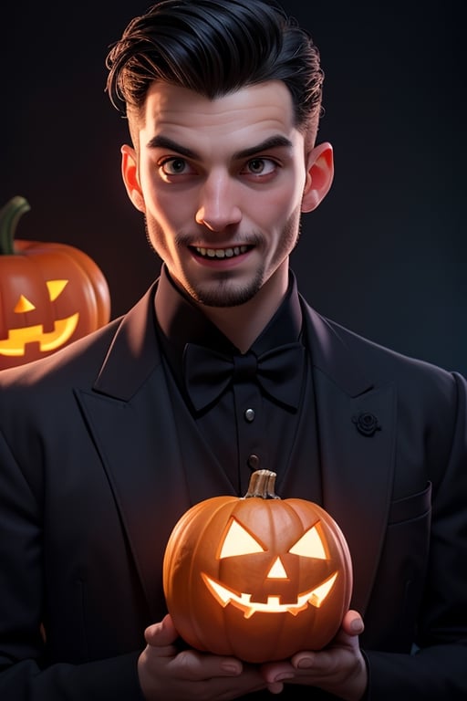 Top quality, masterpiece, ultra high resolution, (photorealistic:1.37), photo raw, 1 man dracula, american boy hottie, mature man, black hair, in a suit, upper body, Dynamic Lighting, Jack- O-Lantern, halloween celebration