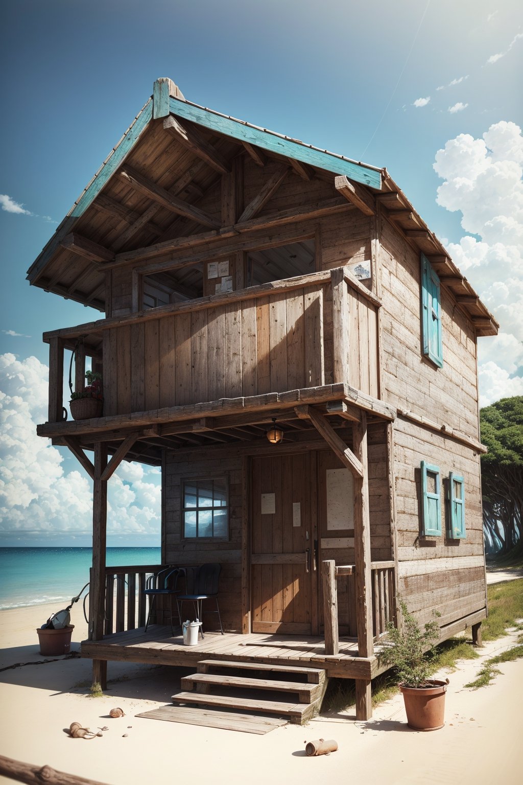 masterpiece, top quality, small cafe, beach hut, 'wood', exterior detail, beach hut, detailed perspective, 2 point perspective, daylight, local hut, Studio Ghibli, Makoto Shinkai anime style