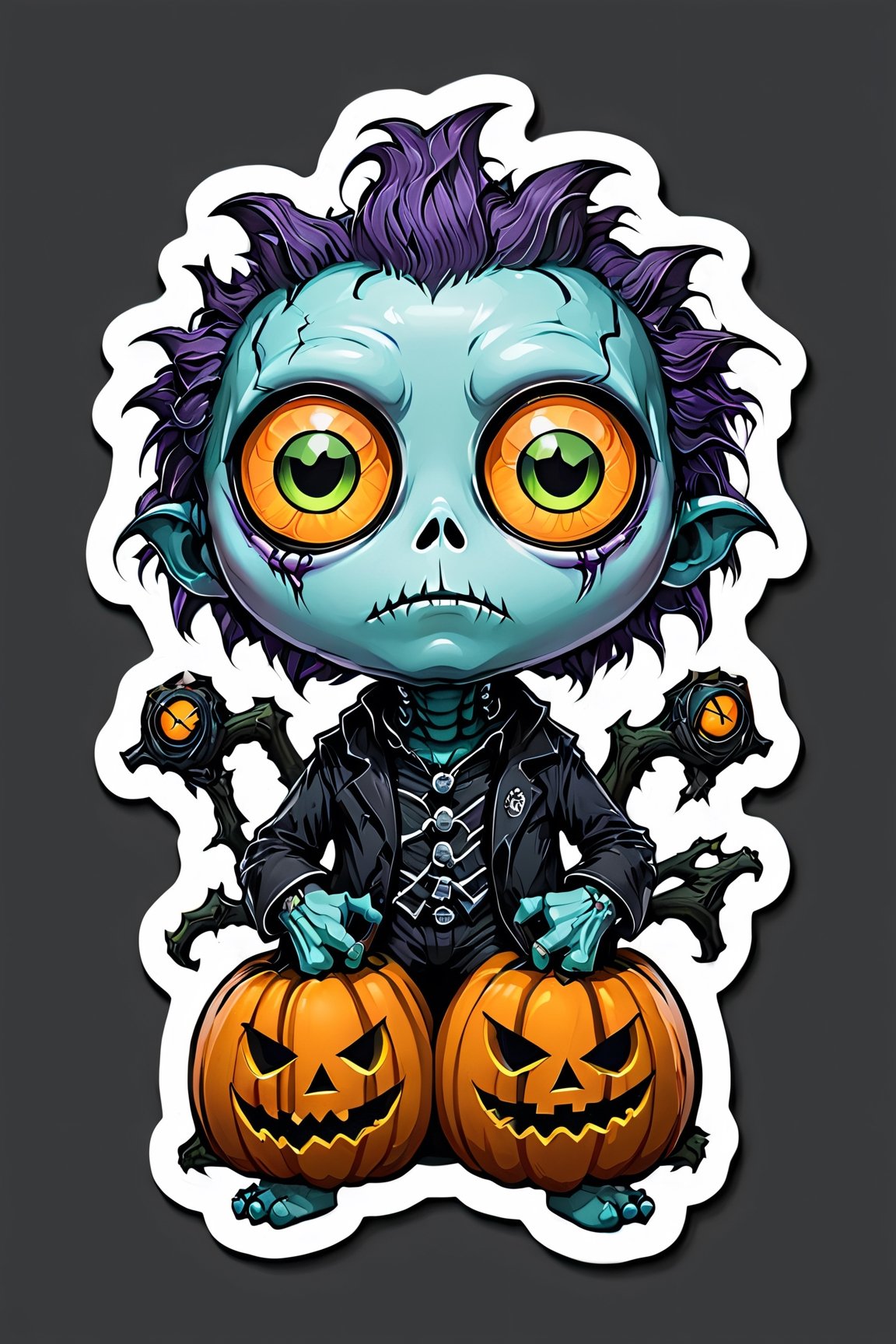 sticker, centered, ((solo)), digital art, 'Halloween', chibi, orange, neon lights, | (white background: 1.2), simple background, Halloween theme, a little creepy monster,  style of Tim Burton,  masterpiece, best quality,  grunge clothing,  purgtory,  high contras