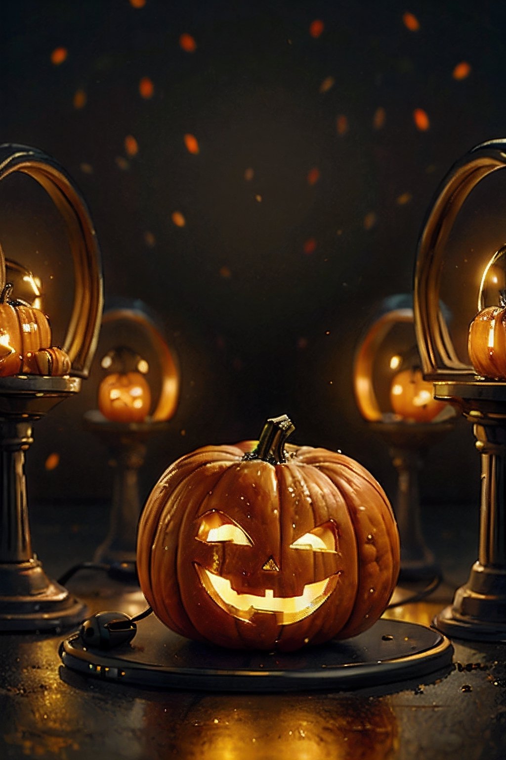 Halloween, halloween pumpkin, orange, focus, bokeh, simple background, (using earphone)