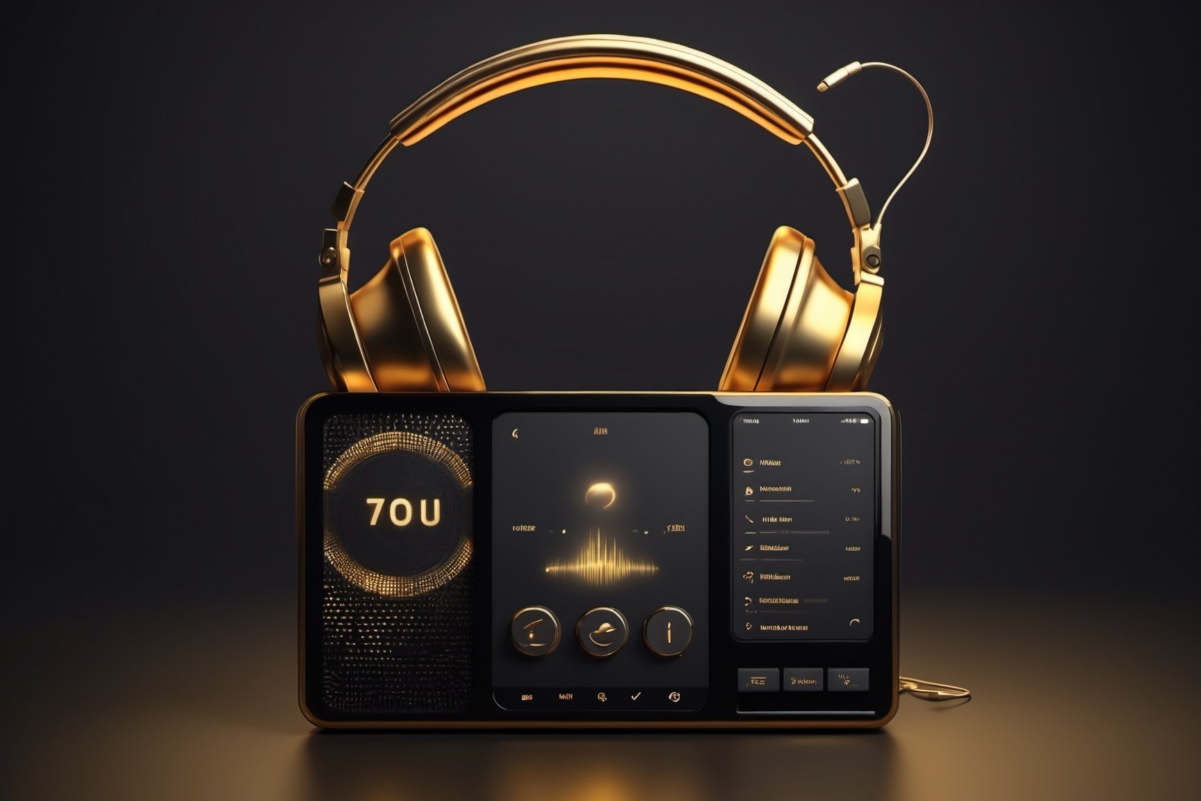 music player, radio music, one object, simple, aerophone, headset, simple dark background, golden aura, futuristic, human notes