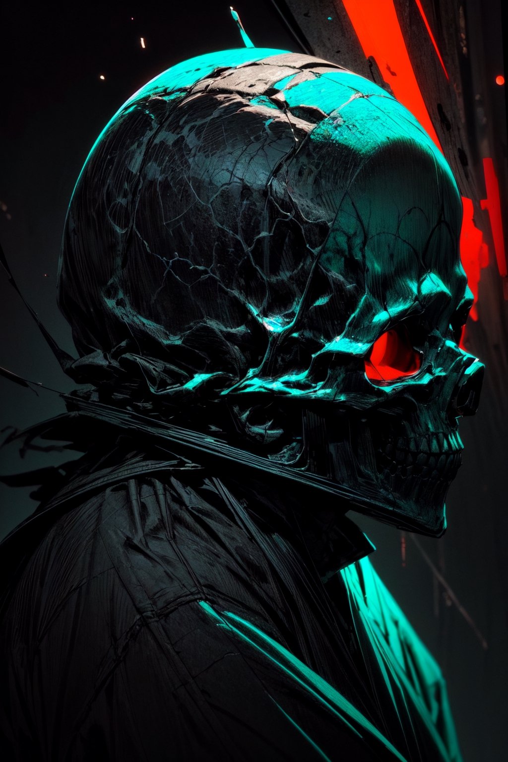 Skull, dark background, simple, deep at night, calm night sky, blend, medium shot, bokeh, (hdr:1.4), high contrast, (cinematic, teal and orange:0.85), (mute colors, color dim, soothing tone:1.3), low saturation, not human