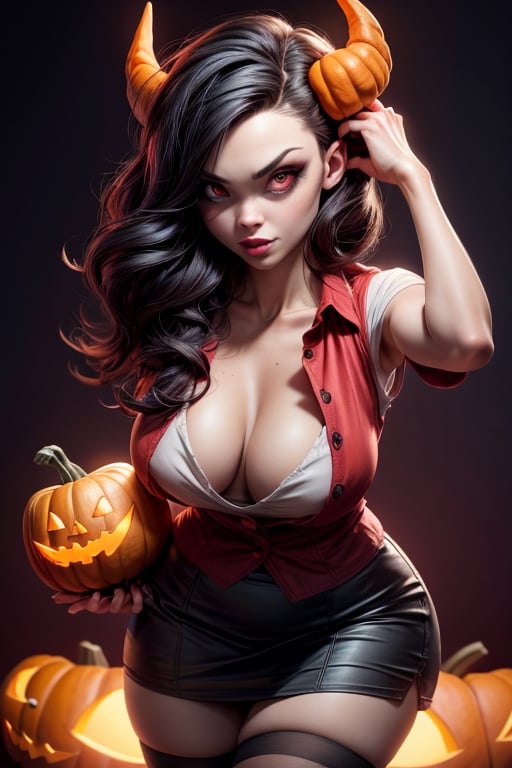 'Halloween', csr style with halloween costume, malina (helltaker), boobs, ((woman with halloween pumpkin head Jack-O-Lantern Pumpkin)), solo, devil tail, looking at viewer, red shirt, 1 girl, red background, hand on own head, vest , vest, skirt, red eyes, black vest, black tail, simple background, horns, blouse bottom