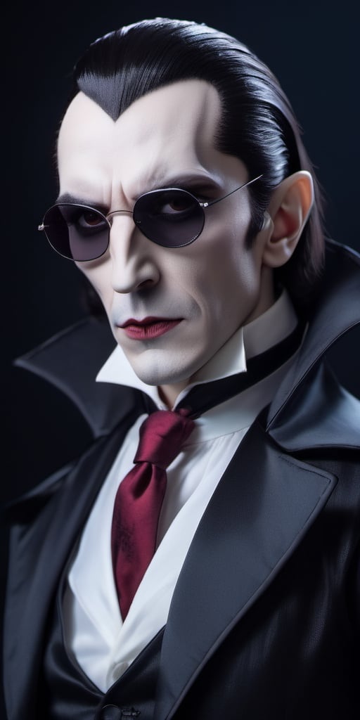 Halloween, 'wear earphones', Dracula, wearing rebel sunglasses, neat suit, upper body, Simple dark background, 