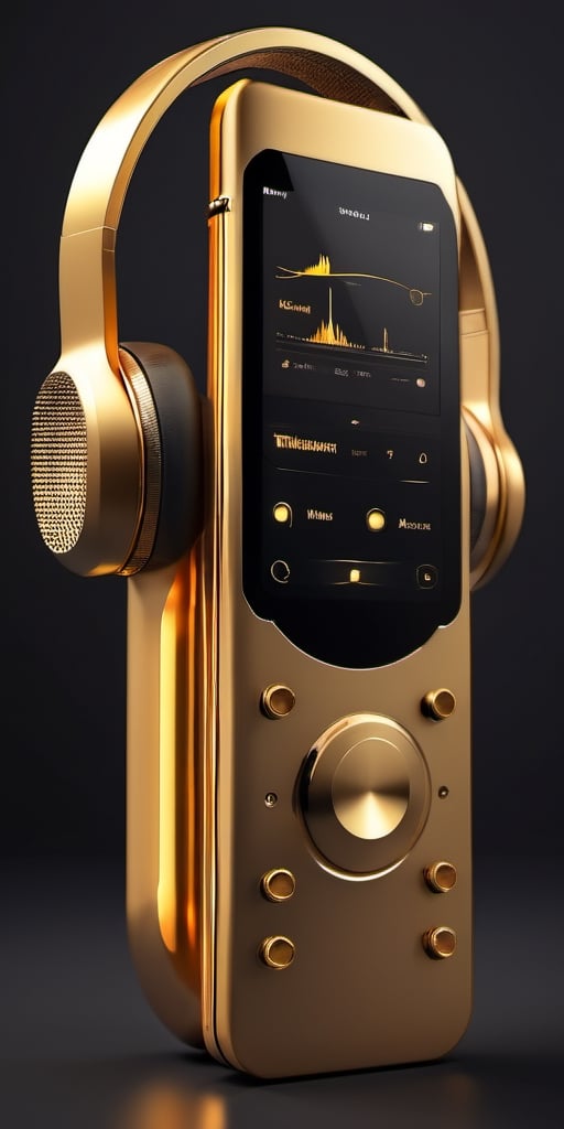 music player, radio music, one object, simple, aerophone, headset, simple dark background, golden aura, futuristic, human notes