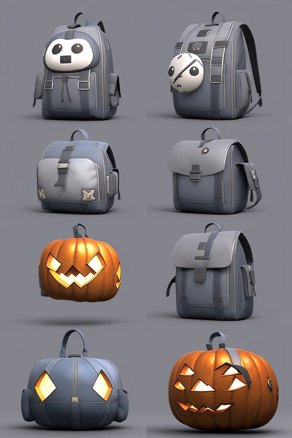 game icon institute,gameicon,masterpiece,best quality,ultra-detailed,masterpieces, A hand-drawn style cartoon backpack in the shape of a pumpkin, with blue tabs, white surface, blue accents, and a doll pendant attached to it, 3D rendering2D, Blender cycle, Volume light,No human, objectification, fantasy    