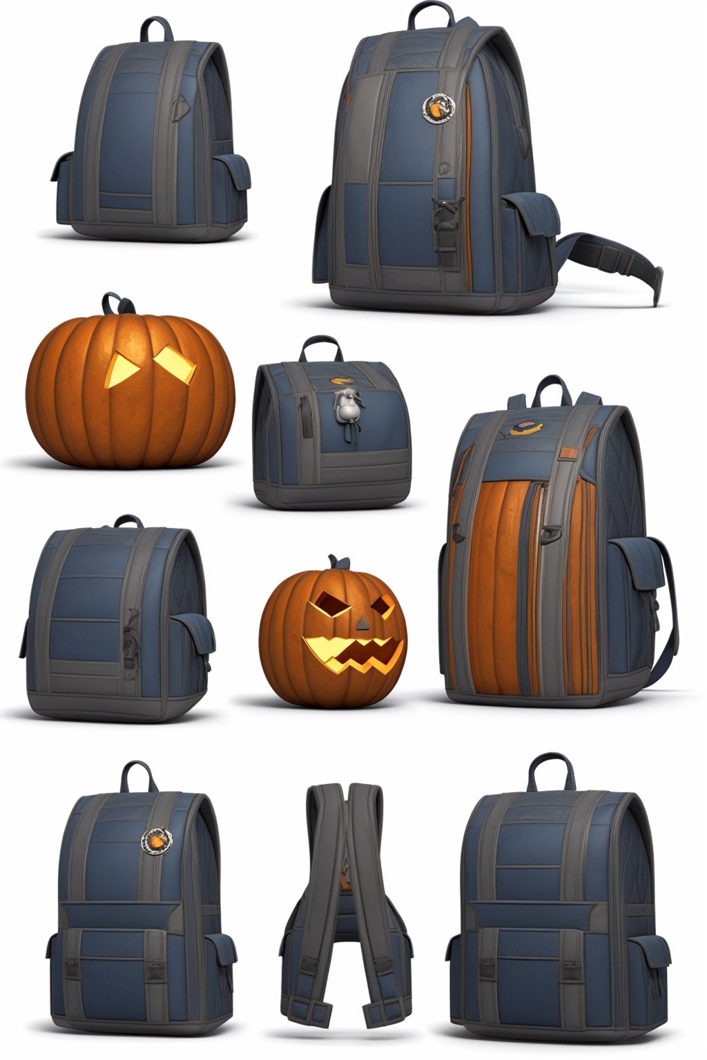 game icon institute,gameicon,masterpiece,best quality,ultra-detailed,masterpieces, A hand-drawn style cartoon backpack in the shape of a pumpkin, with blue tabs, white surface, blue accents, and a doll pendant attached to it, 3D rendering2D, Blender cycle, Volume light,No human, objectification, fantasy    