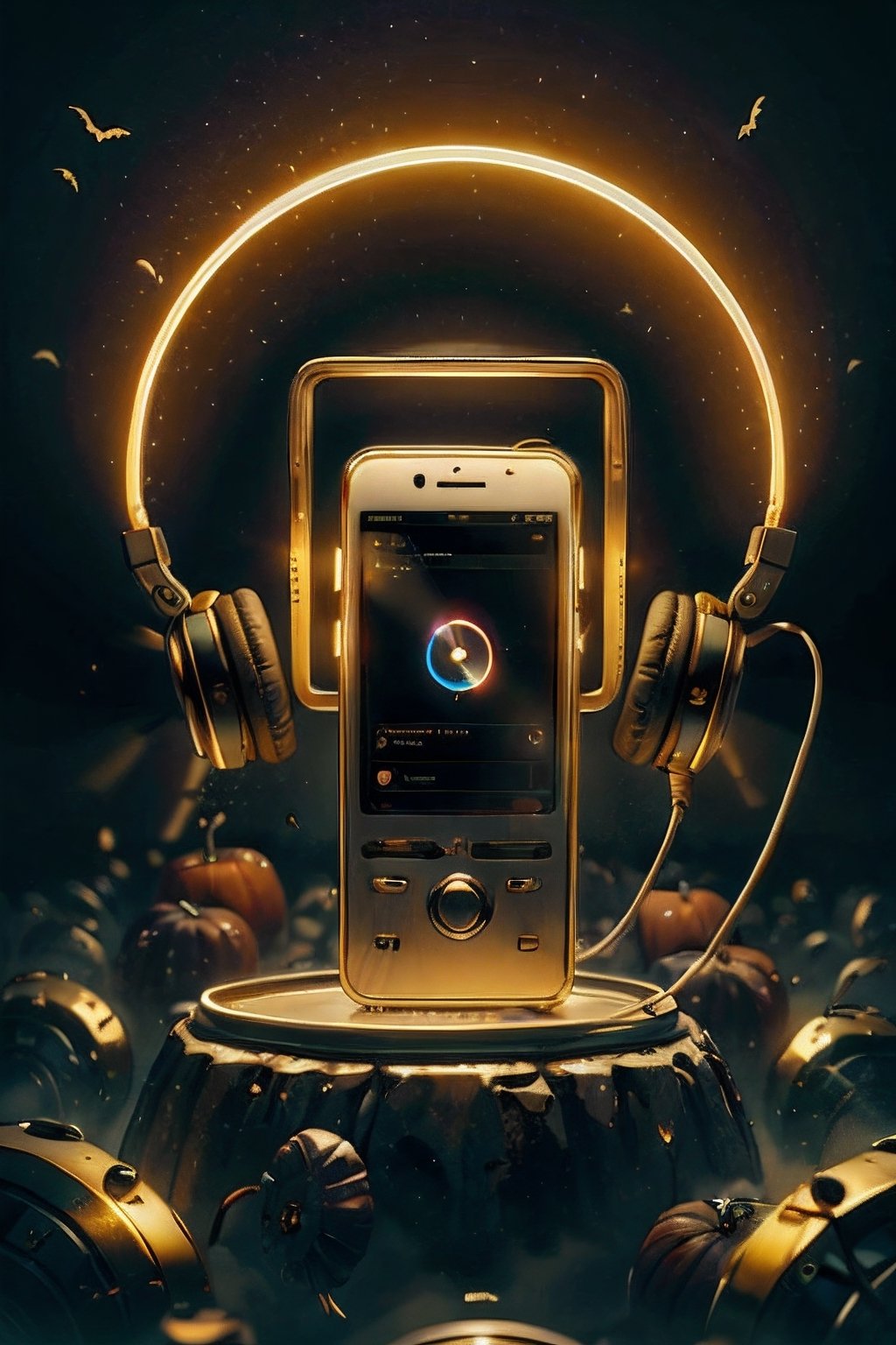 Music player, radio music, satu objek, simple , aerphone, background, halloween, aura, futuristik