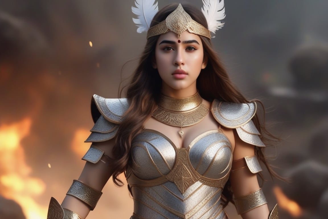 Generate an ultra-realistic high-definition image depicting Sara Ali Khan as an Ancient Fantasy Warrior Witch on a battlefield. Sara Ali Khan should be portrayed wearing intricate metal ancient warrior armor that covers her entire body. The armor should be finely detailed, with ornate engravings, filigree, and unique embellishments inspired by ancient fantasy aesthetics.

Start with Sara's head, where she wears a helmet adorned with mystical symbols and feather-like extensions. Her eyes should exude a powerful, magical gaze, and her hair, flowing out from the helmet, should be a mix of vibrant colors, reflecting both her ethereal magic and warrior spirit.

Moving down to her face, depict Sara with war paint or mystical markings, highlighting her fierce yet captivating presence. The expression should convey determination and strength, with a touch of otherworldly wisdom.

For her body, design the ancient warrior armor as form-fitting and layered, featuring a combination of chainmail, plate armor, and leather, meticulously detailed to enhance the realism. Include intricate patterns and gemstone inlays, giving the armor a magical and regal touch. The armor should be battle-worn but still radiate an otherworldly elegance.

Sara's hands should be clad in armored gauntlets with engraved runes or symbols. Each finger should be adorned with mystical rings, enhancing her magical prowess. Her stance should be powerful and poised, with a magical aura surrounding her.

Capture the essence of Sara Ali Khan as a formidable Ancient Fantasy Warrior Witch by ensuring her attire complements her feminine strength, blending warrior elements with an enchanting allure. The battleground background should be dynamic, with war-torn landscapes, mystical energy swirling around, and remnants of defeated foes, adding depth to the narrative.

Ensure that the lighting is dramatic, enhancing the details of the armor and casting realistic shadows. The overall image should be of cinematic quality, bringing to life the fusion of Sara Ali Khan's persona with the fantastical realm of an Ancient Fantasy Warrior Witch.