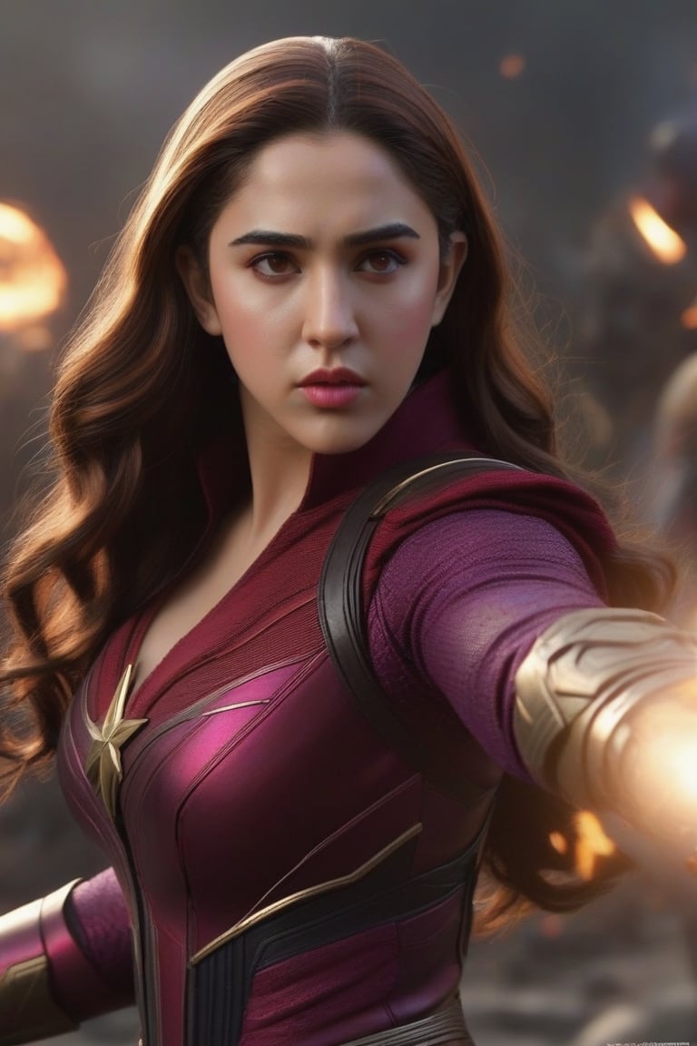 Generate an ultra-realistic, high-definition image of Sara Ali Khan embodying Scarlett Witch amidst the intense battleground of Avengers vs. Thanos. Begin with Sara's facial features, intricately replicating Scarlett Witch's makeup and conveying the determination and power in her eyes. Ensure lifelike details in the facial expression, capturing the intensity of the moment.
Move to Sara's hair, accurately recreating Scarlett Witch's signature hairstyle with meticulous attention to texture, shine, and dynamic movement. Consider any magical effects or windswept elements that may be present in the midst of the battle.

Detail Scarlett Witch's costume, focusing on the intricate patterns, textures, and stitching. Emphasize the rich crimson tones and the play of light and shadow on the fabric, ensuring a realistic representation of the outfit. Pay special attention to accessories such as the headpiece, gloves, and any mystical elements, recreating them with utmost precision.
Transition to the pose, capturing Sara in a dynamic stance that conveys Scarlett Witch's strength and prowess on the battlefield. Pay attention to body language and the positioning of limbs to create a natural and powerful composition.
Set the scene in the Avengers vs. Thanos battleground, depicting the chaos, destruction, and cosmic elements realistically. Utilize advanced lighting effects to enhance the overall atmosphere, creating lifelike shadows and highlights that complement both Sara and the background seamlessly.
Ensure a seamless integration of all elements, resulting in a visually stunning and ultra-realistic portrayal of Sara Ali Khan as Scarlett Witch, amidst the epic clash of Avengers vs. Thanos, capturing both the intensity of the battle and the essence of the character with fine detail.