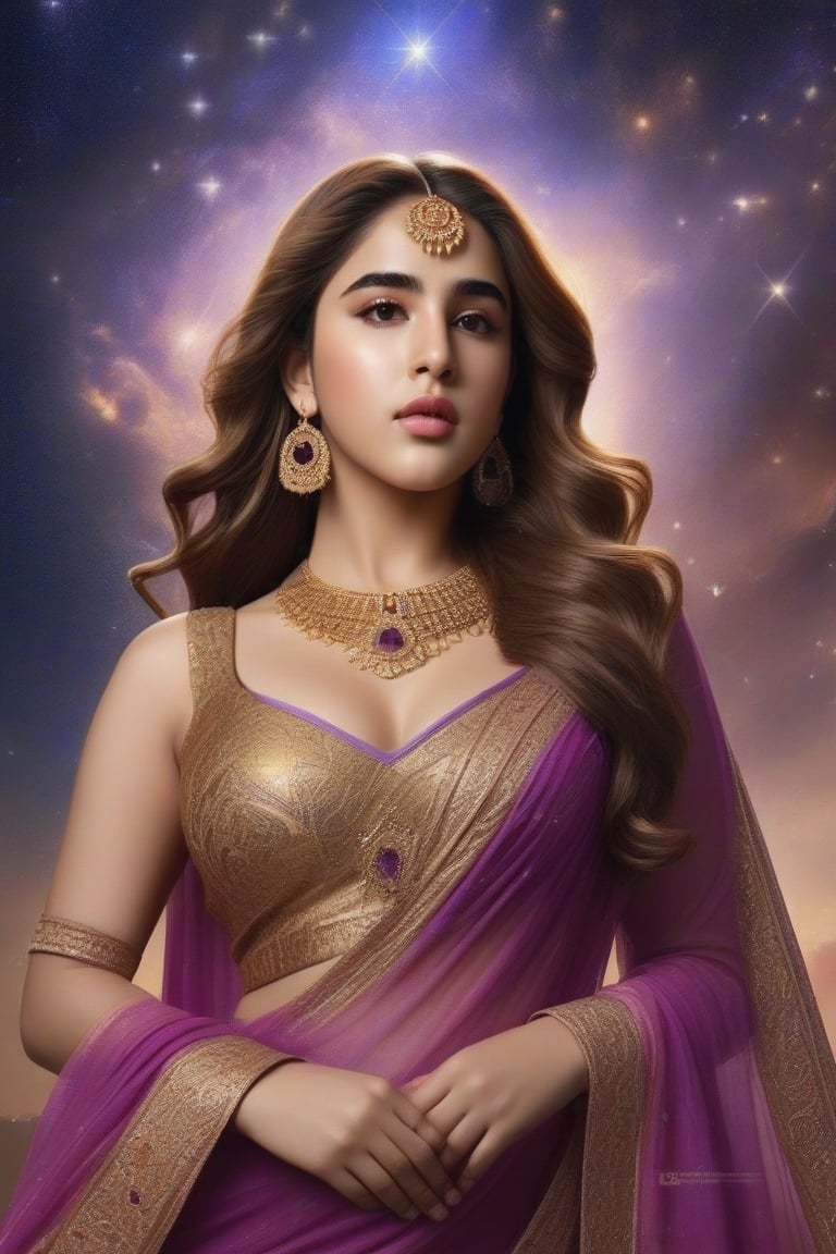 Generate an ultra-realistic high-definition image featuring Sara Ali Khan as the embodiment of the Leo Zodiac sign in a fantastical setting. Sara should be depicted surrounded by a grand and magical representation of the Leo constellation.

Begin with Sara's appearance, portraying her with regal elegance and a confident expression befitting a Leo. Her hair should flow gracefully, adorned with golden accents resembling a lion's mane. Her eyes should exude both warmth and authority, capturing the essence of a true Leo personality.

Clothe Sara in a luxurious and majestic ensemble that incorporates elements reminiscent of the Leo symbol. The attire should showcase vibrant hues of gold and royal purple, reflecting both Leo's association with the Sun and its royal traits. Embellish the outfit with intricate details such as lion motifs, shimmering fabrics, and celestial patterns.

In the foreground, position Sara in a commanding stance, with one hand gracefully gesturing towards the Leo constellation. The other hand can be adorned with mystical jewelry, enhancing the overall magical aura.

The Leo constellation should dominate the background, forming a celestial spectacle that radiates golden light. Each star in the constellation should be meticulously crafted, contributing to the overall cosmic beauty of the scene. The constellation can take on a three-dimensional aspect, with beams of magical energy connecting the stars.

Consider incorporating other celestial elements like swirling galaxies and cosmic clouds, adding depth and mystique to the composition. Illuminate the scene with a warm, celestial glow, casting realistic shadows and highlights on Sara and the surrounding elements.

Ensure that the image is HD, allowing for the finest details to be captured, from the strands of Sara's hair to the intricate patterns in her attire and the celestial bodies in the Leo constellation. The overall effect should be a stunning, ultra-realistic portrayal of Sara Ali Khan as the epitome of the Leo Zodiac, radiating both regality and celestial magic.