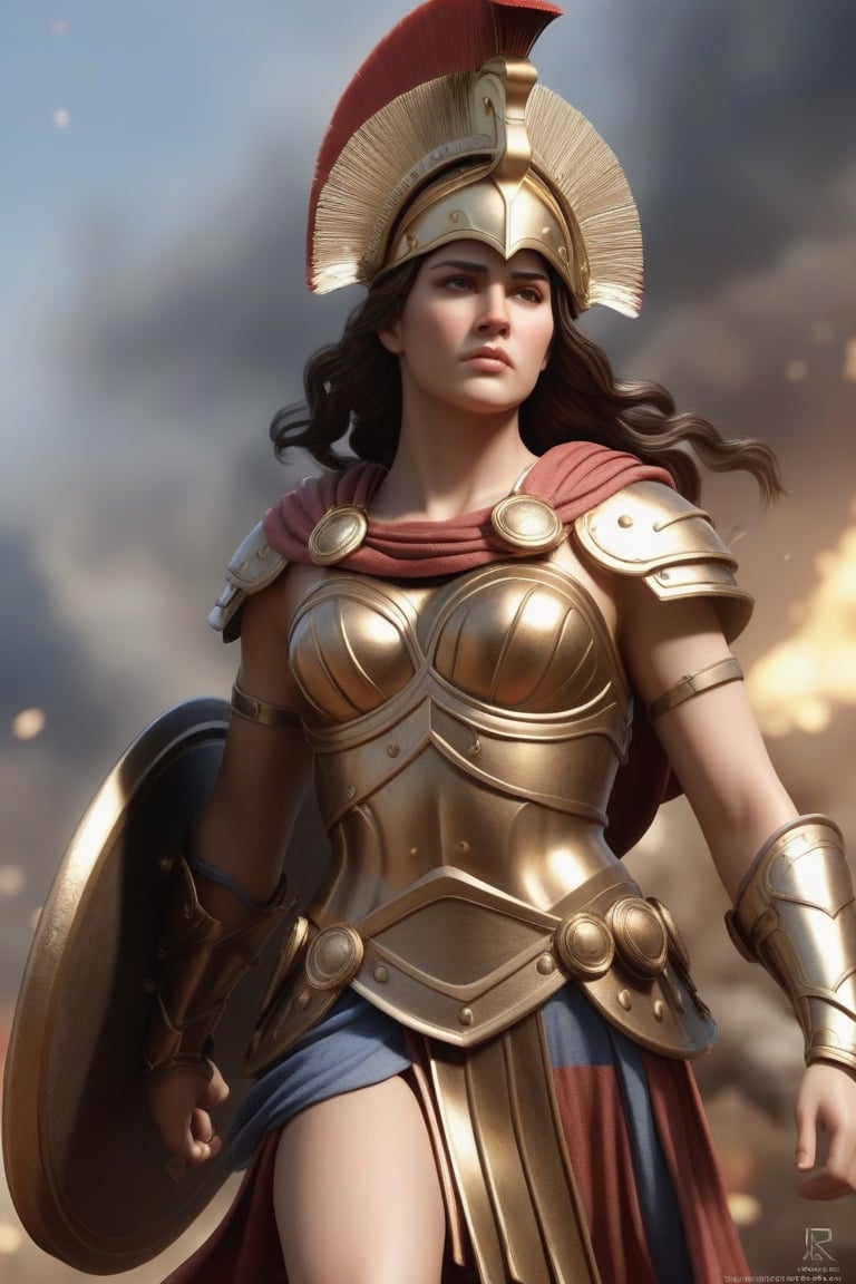 Generate an ultra-realistic high-definition image of Athena in a warrior look, positioned in the midst of a battlefield with a high level of artistic details. Pay meticulous attention to every aspect, ensuring the portrayal is both realistic and artistically refined.

Envision Athena in a powerful warrior attire that captures the essence of her mythological character. Emphasize intricate details in her armor, weaponry, and accessories, showcasing a perfect blend of divine grace and formidable strength.

Place Athena in the midst of a dynamic battlefield, featuring elements such as fallen warriors, weapons, and a landscape that communicates the intensity of the conflict. Pay attention to the positioning of Athena, capturing her poise and authority in the midst of the chaos.

Consider the lighting conditions carefully, creating a realistic interplay of light and shadow on Athena's figure and the battlefield. Enhance the overall aesthetic with details like dust particles, dynamic compositions, and subtle atmospheric effects that contribute to the realism and artistic appeal.

The objective is to generate an ultra-realistic HD image that not only portrays Athena as a formidable warrior but also incorporates a high level of artistic detail, transforming the scene into a visually captivating representation of mythological prowess on the battlefield.
