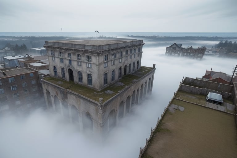 school-surrvival-horror game,Vague ruins town cover in white fog ,aerial perspective,eye level,very wide shot,distant screen,bottom-up