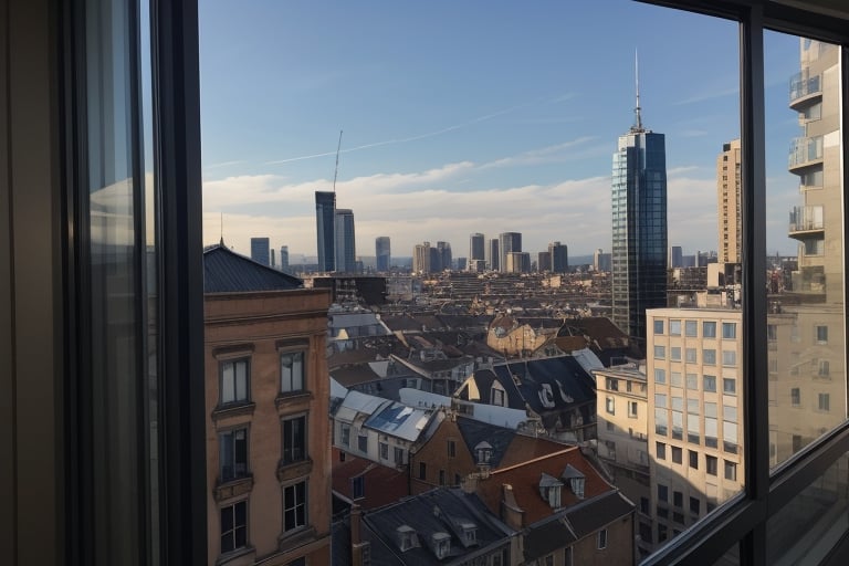 very wide shot,distant screen,eye-level,many buildings outside window,buttom-up