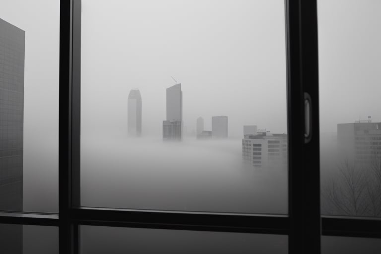 very wide shot,distant screen,eye-level,city outside the window,(( vague  white fogs)),front view,gray scale,perspective