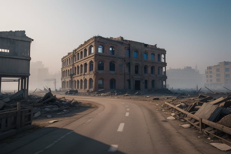 school-surrvival-horror game,ruins city in white smog, far distant,background,perspective,wide shot,sky box