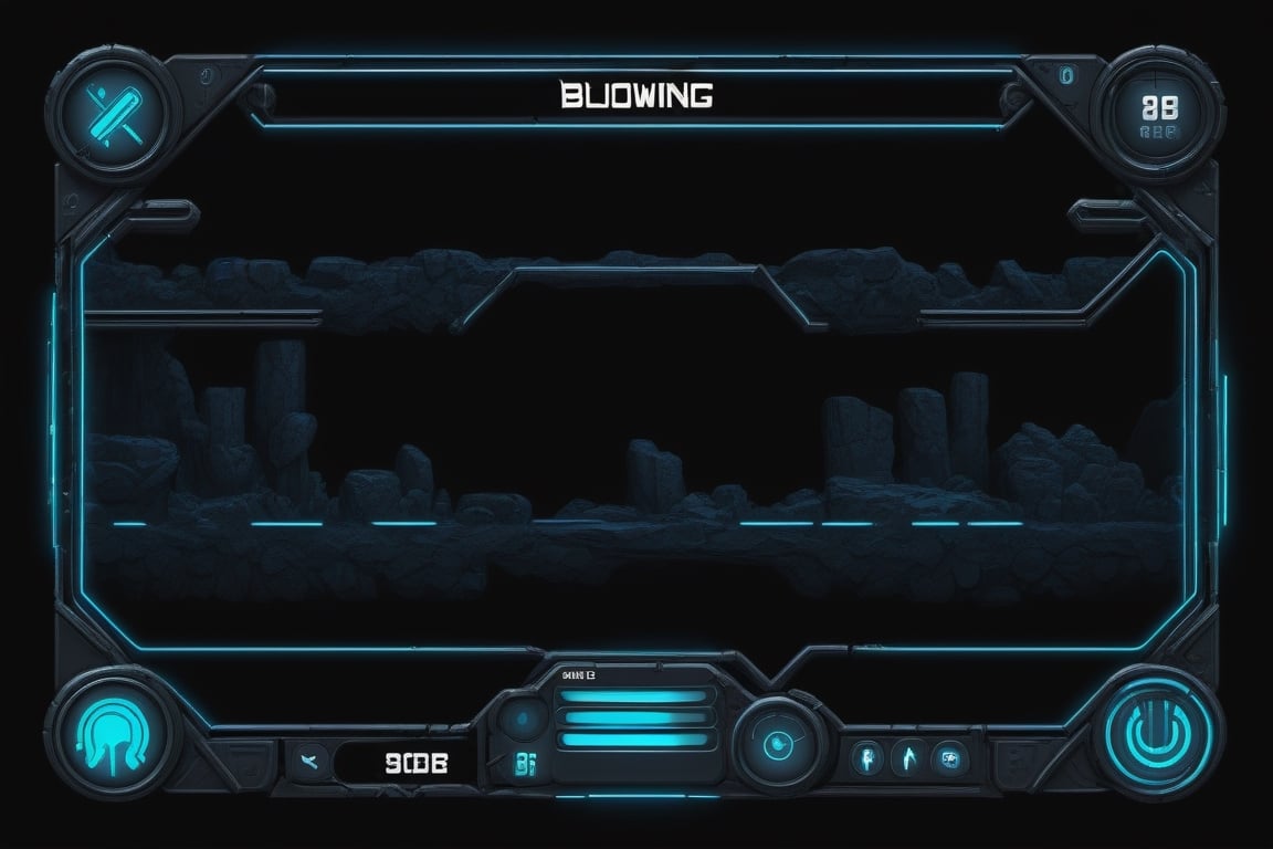 blowing blue line ui frame,black background,survival-game,ruins,button slots