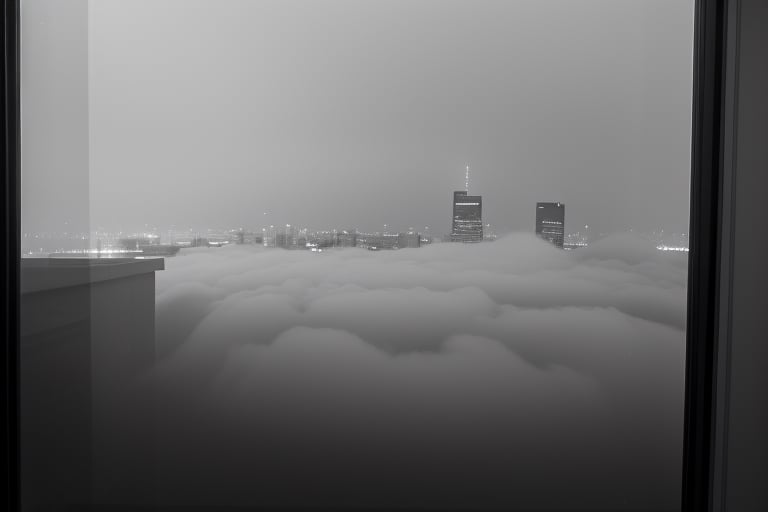 very wide shot,distant screen,eye-level,city outside the window,(( vague  white fogs)),front view,gray scale,perspective