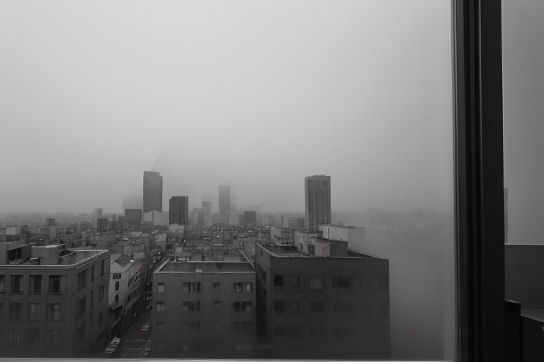 very wide shot,distant screen,eye-level,city outside the window,(( vague  white fogs)),front view,gray scale,perspective