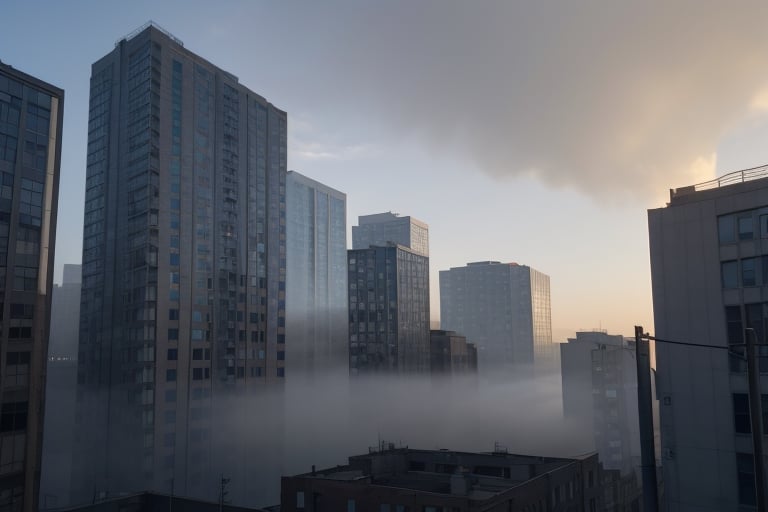 very wide shot,distant screen,eye-level, many  vague apartment buildings under fogs outside window,buttom-up,perspective