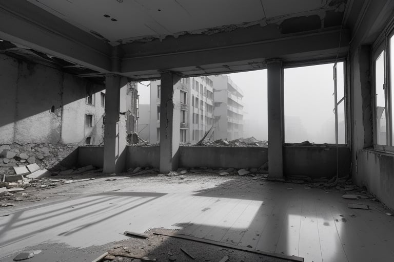 very wide shot,distant screen,eye-level, many vague ruins apartment buildings under white fogs outside window,buttom-up,perspective,gray scale