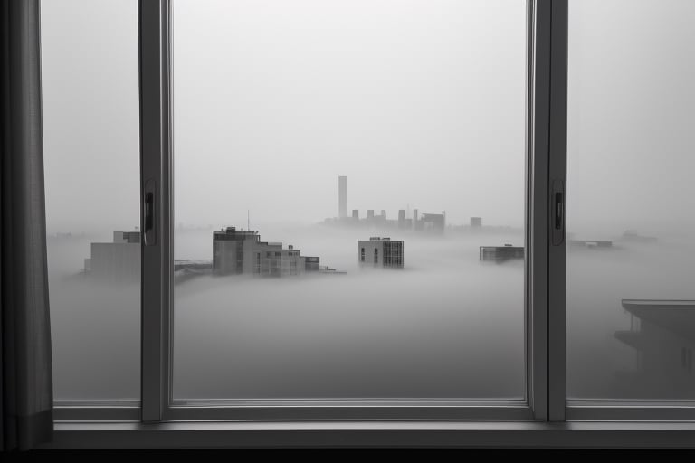 very wide shot,distant screen,eye-level,city outside the window,(( vague  white fogs)),front view,gray scale,perspective