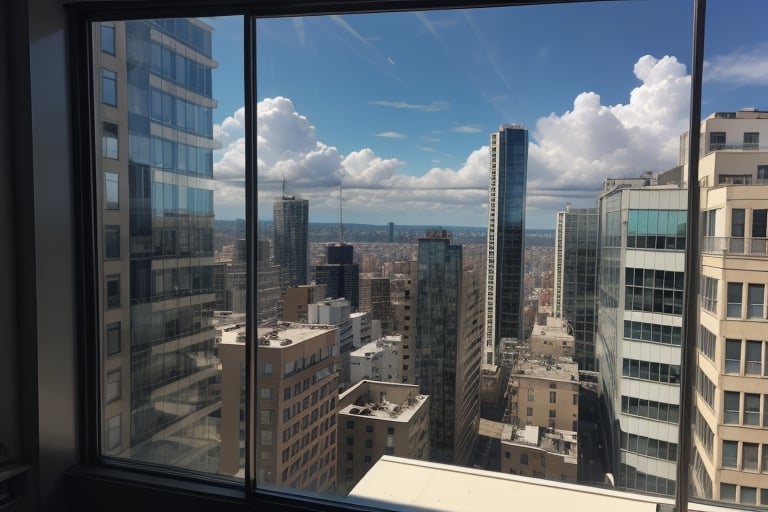 very wide shot,distant screen,eye-level,many buildings outside window