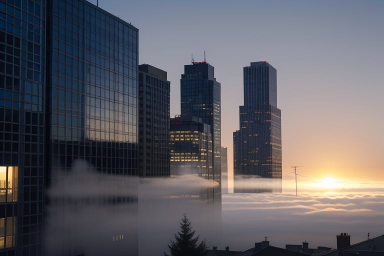 very wide shot,distant screen,eye-level,many buildings under fogs outside window,buttom-up,perspective