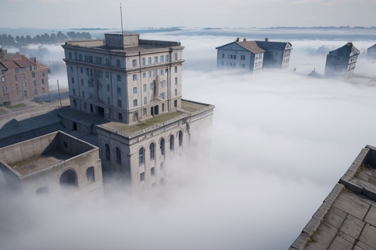 school-surrvival-horror game,Vague ruins town buildings cover in white fog ,aerial perspective,eye level,very wide shot,distant screen,bottom-up