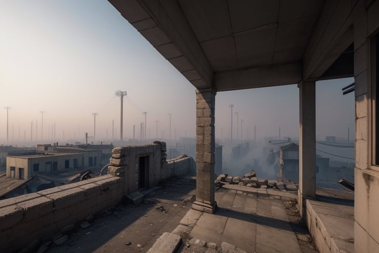 school-surrvival-horror game,ruins city in white smog,wired atmosphere, far distant,background,perspective,wide shot,sky box