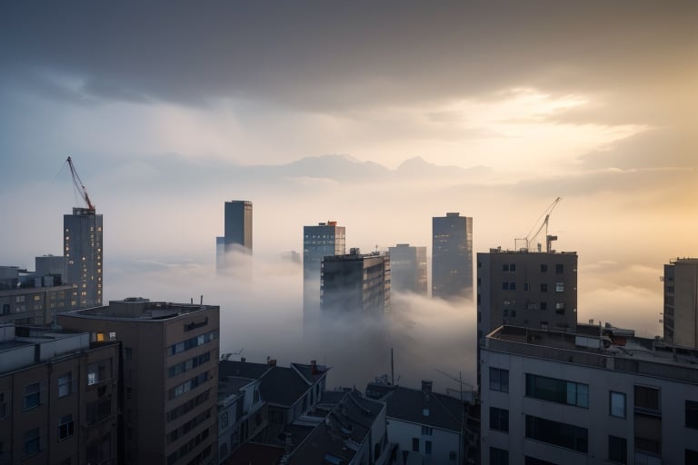 very wide shot,distant screen,eye-level, many  vague apartment buildings under fogs outside window,buttom-up,perspective