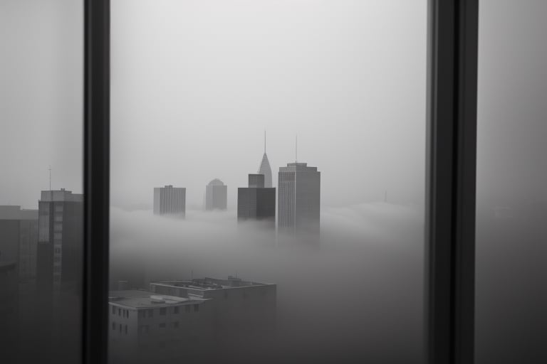 very wide shot,distant screen,eye-level,city outside the window,(( vague  white fogs)),front view,gray scale,perspective