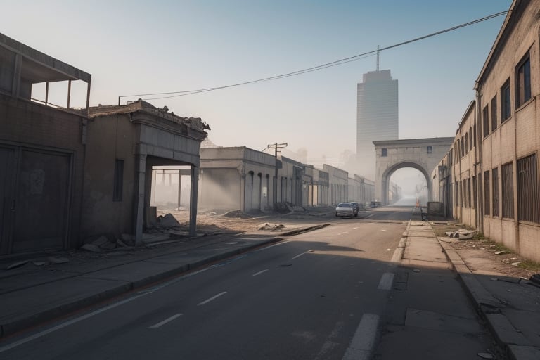 school-surrvival-horror game,ruins city in white smog outside the windows,wired atmosphere, far distant,background,perspective,wide shot,sky box