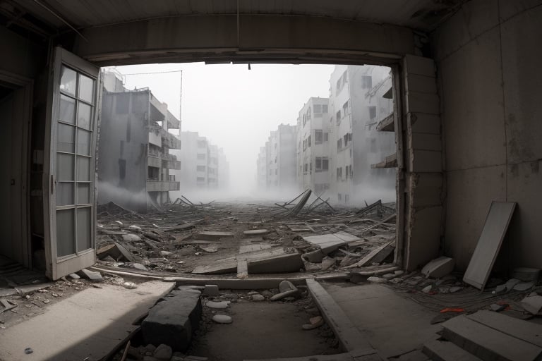 very wide shot,distant screen,eye-level, many vague ruins apartment buildings under white fogs outside window,buttom-up,perspective,gray scale