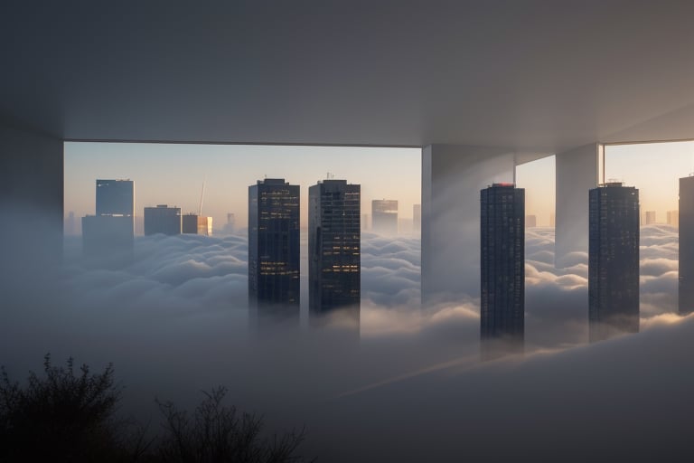 very wide shot,distant screen,eye-level, many  vague apartment buildings under fogs outside window,buttom-up,perspective